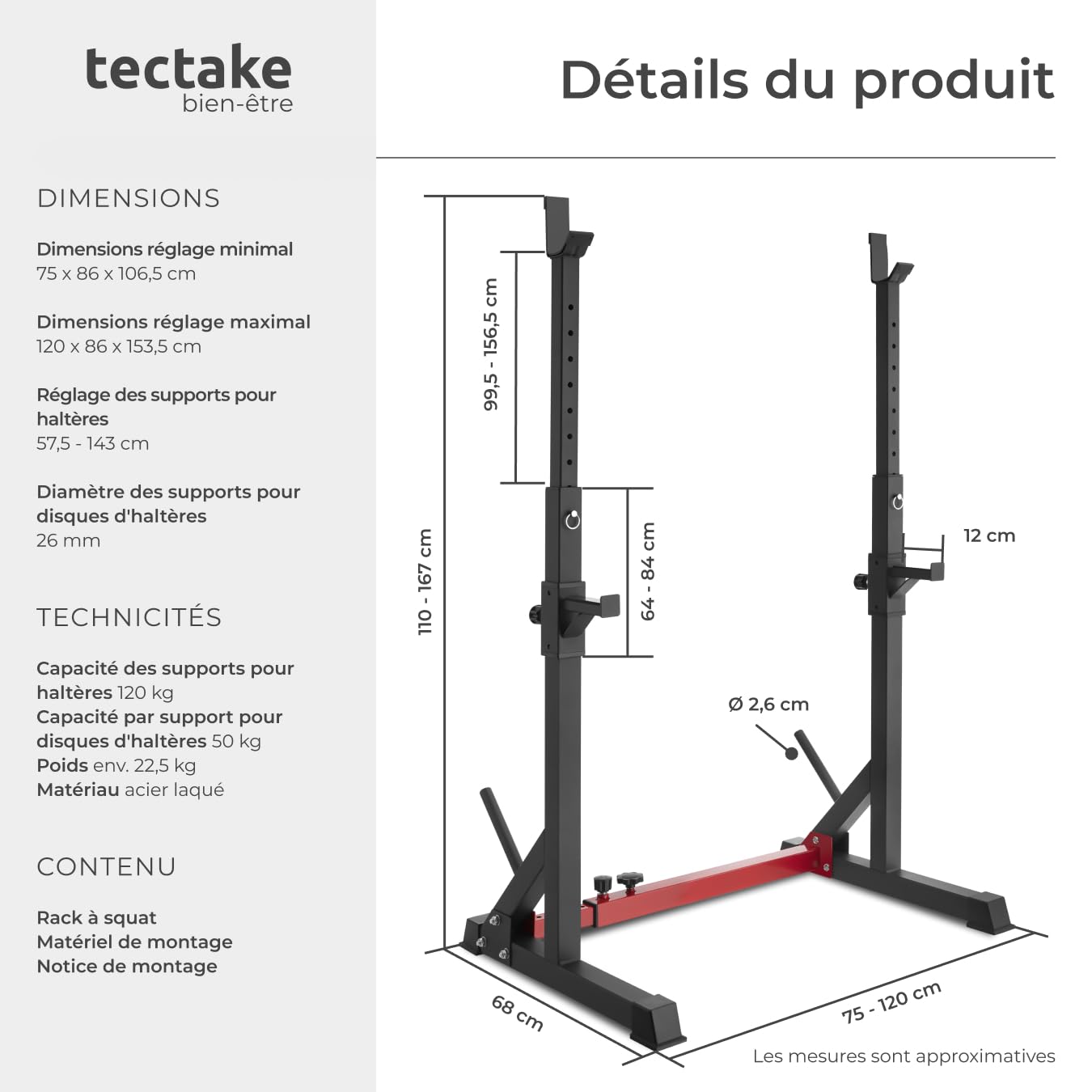 tectake® Rack de Squat Repose barre musculation, Réglable en hauteur et largeur, Cadre en acier, Charge max 120 kg, Rack musculation Support pour Barre Haltères Disque olympique - Diverses options