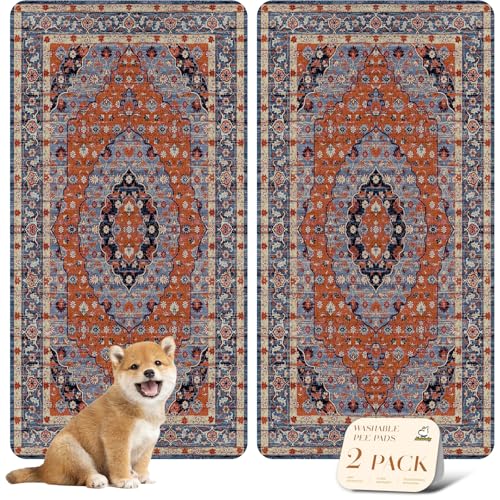Image of nunubaby Washable Pee Pads for Dogs, Stylish, Non-Slip and Leak-Proof Pee Pads. Reusable Potty Pads for Dogs for Crates and Floors.(Red /Floral,24 inch x48 inch )