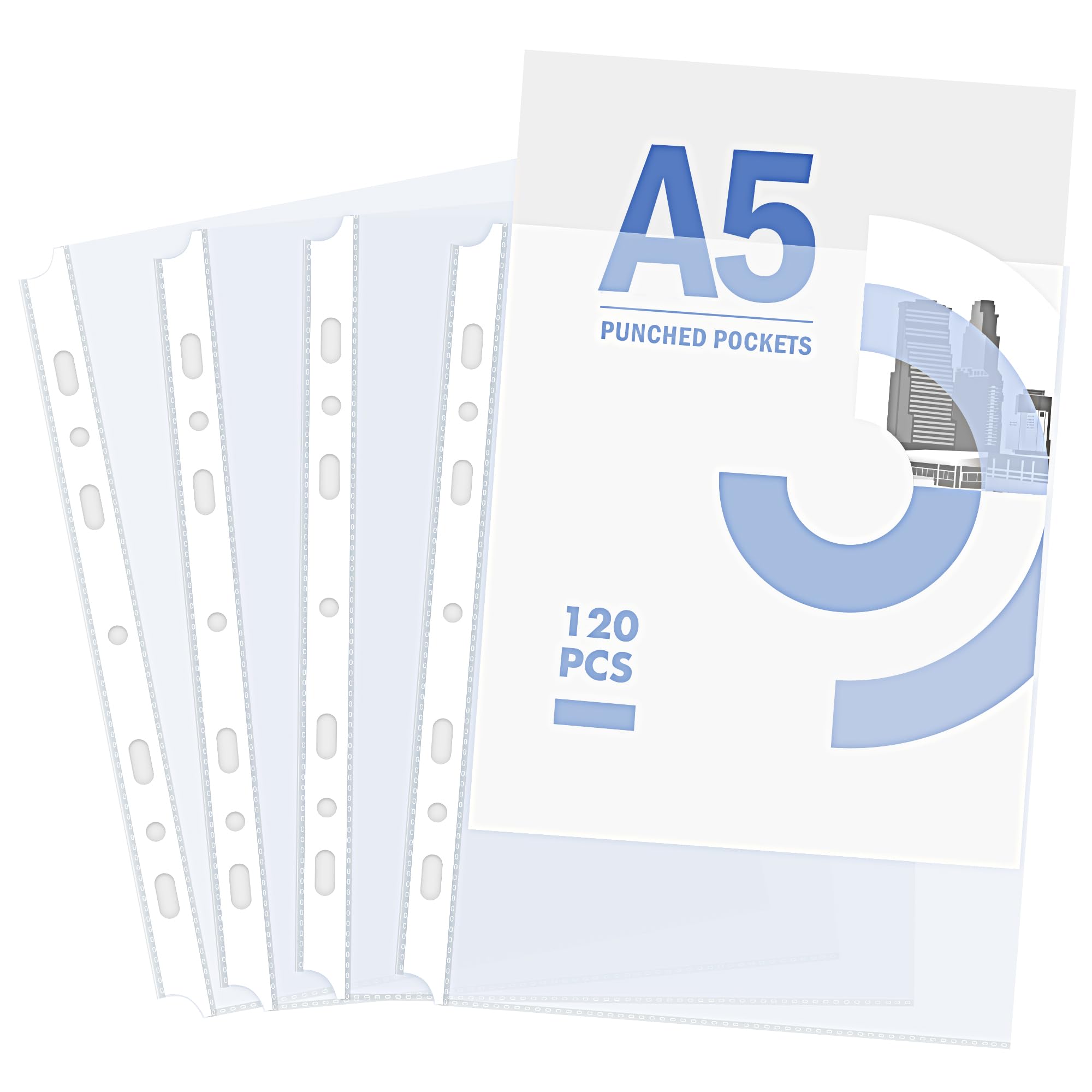 Aodaer 120 Pack A5 Punched Plastic Wallet, 7 Hole Clear Plastic Sleeves for School Office Home, Heavy Duty Poly Pockets A5 Ring Binder Top Opening Document Wallets
