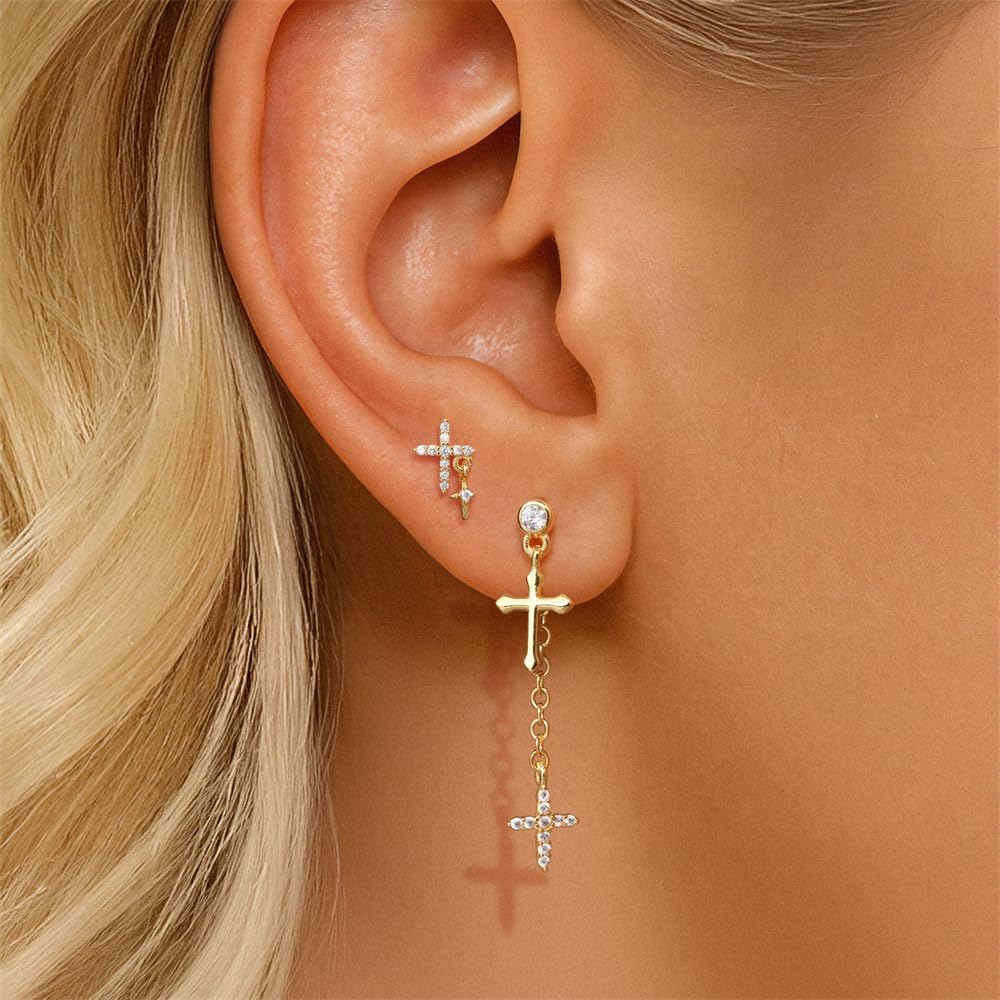 SUYACS 14k Gold Plated Cross Drop Dangle Earrings Set for Women 925 Sterling Silver Cross Chain Stud Earring with Cubic Zirconia Minimalist Faith Christian Cartilage Earring Jewelry Gifts