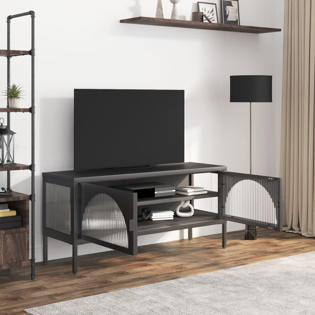 Szafka pod telewizor czarna, 105 x 35 x 50 cm, szkło ryflowane, stal malowana proszkowo, centrum rozrywki, stabilny stojak pod telewizor do salonu, sypialni