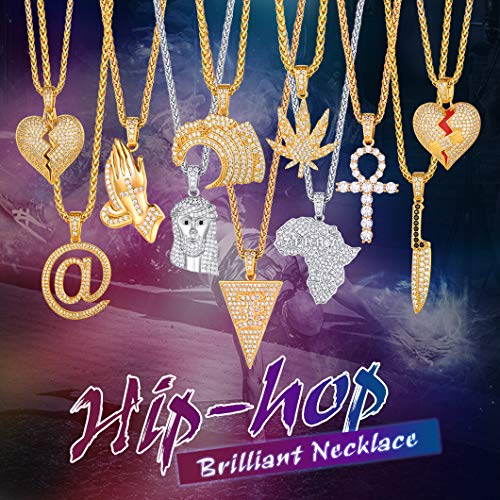 Richsteel Mens Necklaces for Womens Shiny Cubic Zirconia Africa Map/Broken Heart/Praying Hands/Cross Pendent with Spiga Chain Gold/Platinum Plated Hip Hop Jewely3