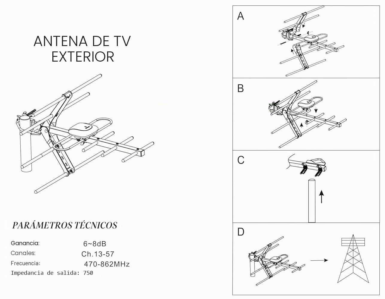 Kit de instalación de antena de TV digital 4G para exteriores, antena de techo para TV digital Smart Freeview HD al aire libre + conector coaxial macho hembra de 10 m RG6 tornillos de fijación de