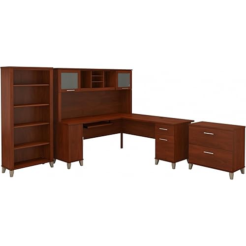 Bush Furniture Somerset 72W L Shaped Desk with Hutch, Lateral File Cabinet and Bookcase