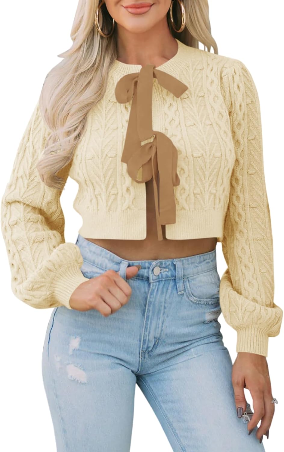 Saodimallsu Womens Cropped Cable Knit Cardigan Sweaters Long Sleeve Bow Tie Front Crew Neck Chunky Sweater Tops