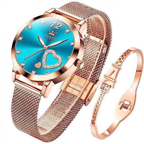 OLEVS Montre pour Femme Or Rose avec cœur Diamant Noir et Blanc Visage Quartz étanche Bracelet Ensemble Montres pour Femme