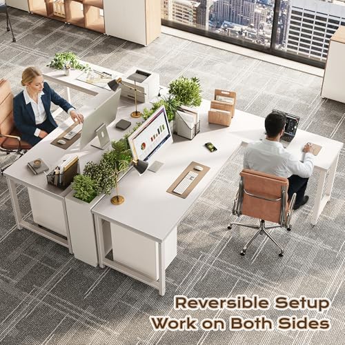 Huuger 63 Inch L Shaped Desk with Power Outlets and USB-C Port, Reversible Computer, Larger Office Corner Gaming Desk, 0.95 Inch Thicker Desktop, Metal Frame, for Home Office, Study, White