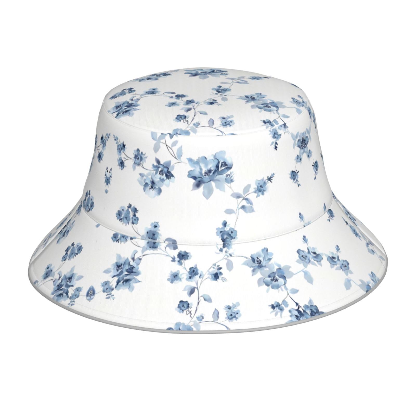 POEZJZW Blue Flower Floral Pattern Roses Printing Reflective Bucket Hat, Men's and Women's Uv Sun Hat, Wide-Brimmed Outdoor for Beach Hiking Fishing