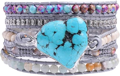 Ygline Pulsera bohemia hecha a mano, con piedra de cristal, envolvente, de cuero, para mujer