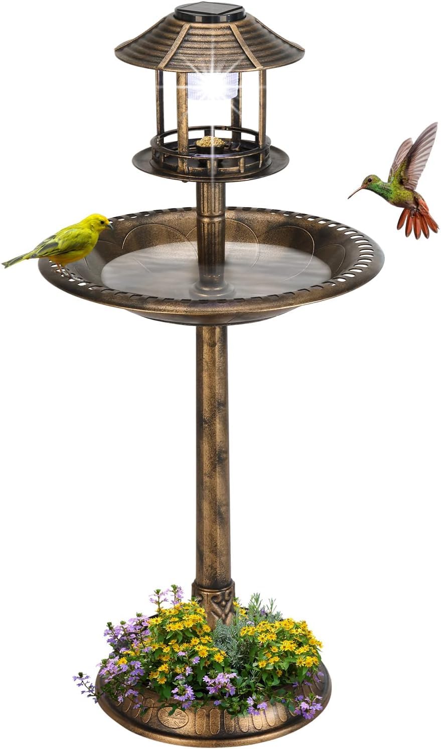 Vogeltränke Stehend, vogeltränke mit Solarleuchte, Vogelbad aus Kunststoff mit Blumenkübel & befüllbarem Ständer, Wildvogeltränke für Garten, Balkon, Bronze