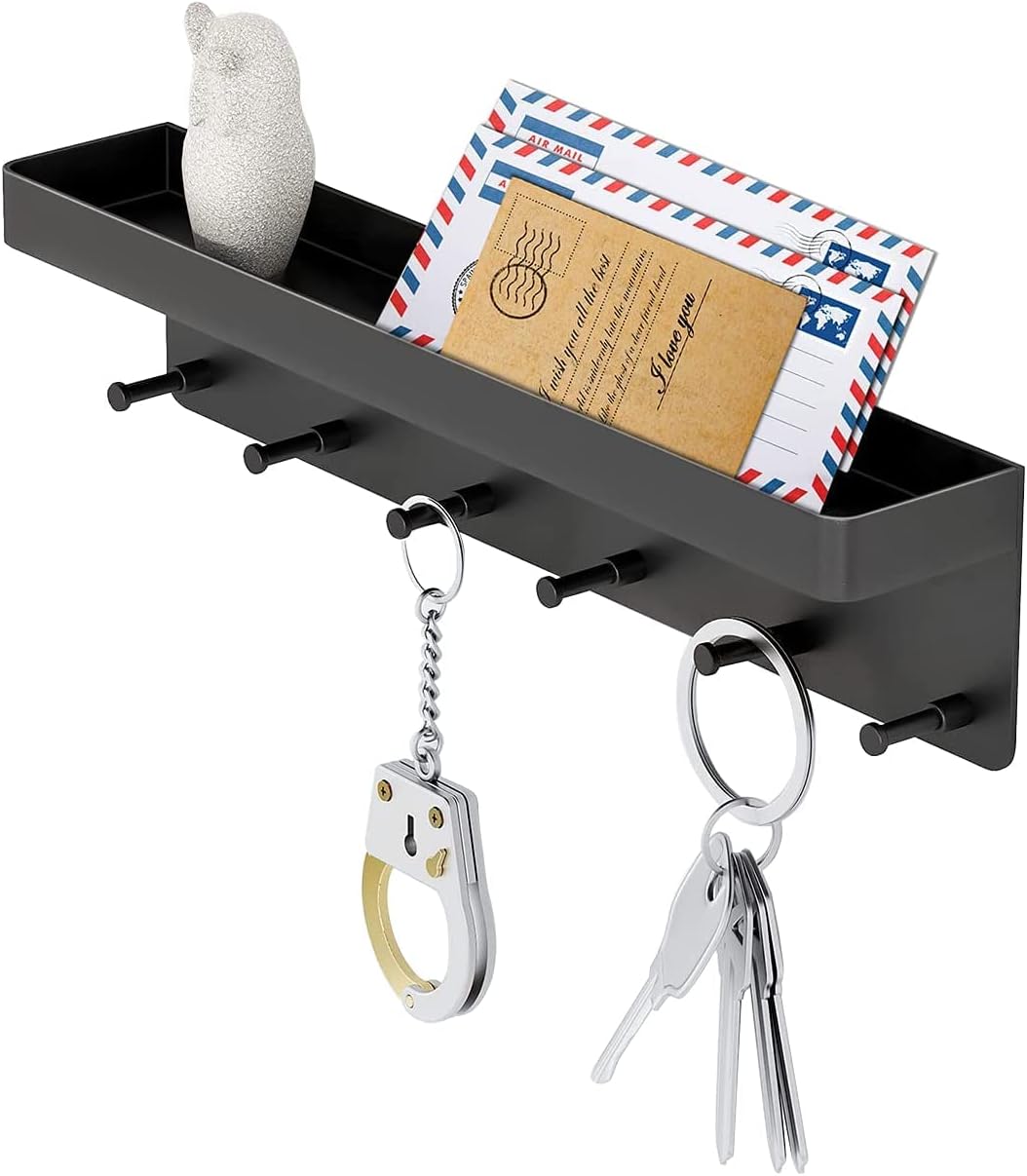 Wall Decoration Key Holder Wall Decoration - Mail Organiser and Key Rack with Tray for Hallway Kitchen Farmhouse Decor, Stainless Steel Key Hooks Letter Holder Wall Mounted - 6 Hooks(Black)