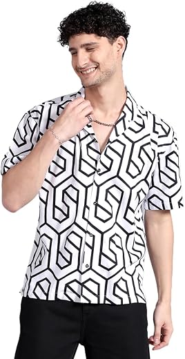 The Indian Garage Co Men Cotton Relaxed Fit Geometric Printed Half Sleeves Cutaway Collar Shirt