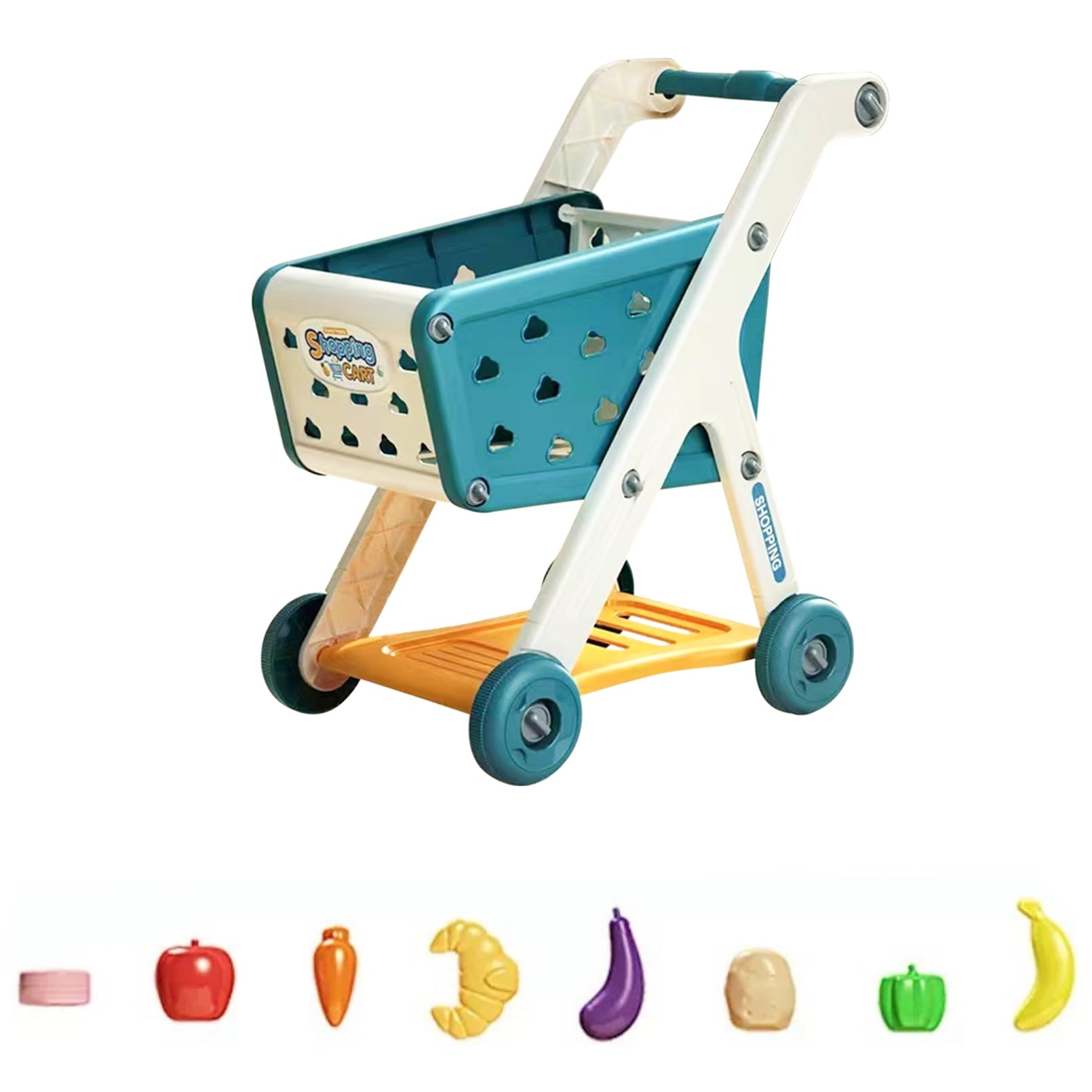 Kids Shopping Cart Trolley Play Set with Pretend Food and Accessories,Toy Shopping Cart Trolley for Kids Baby with Play Foods, Grocery Playing Pretend Games (Blue)