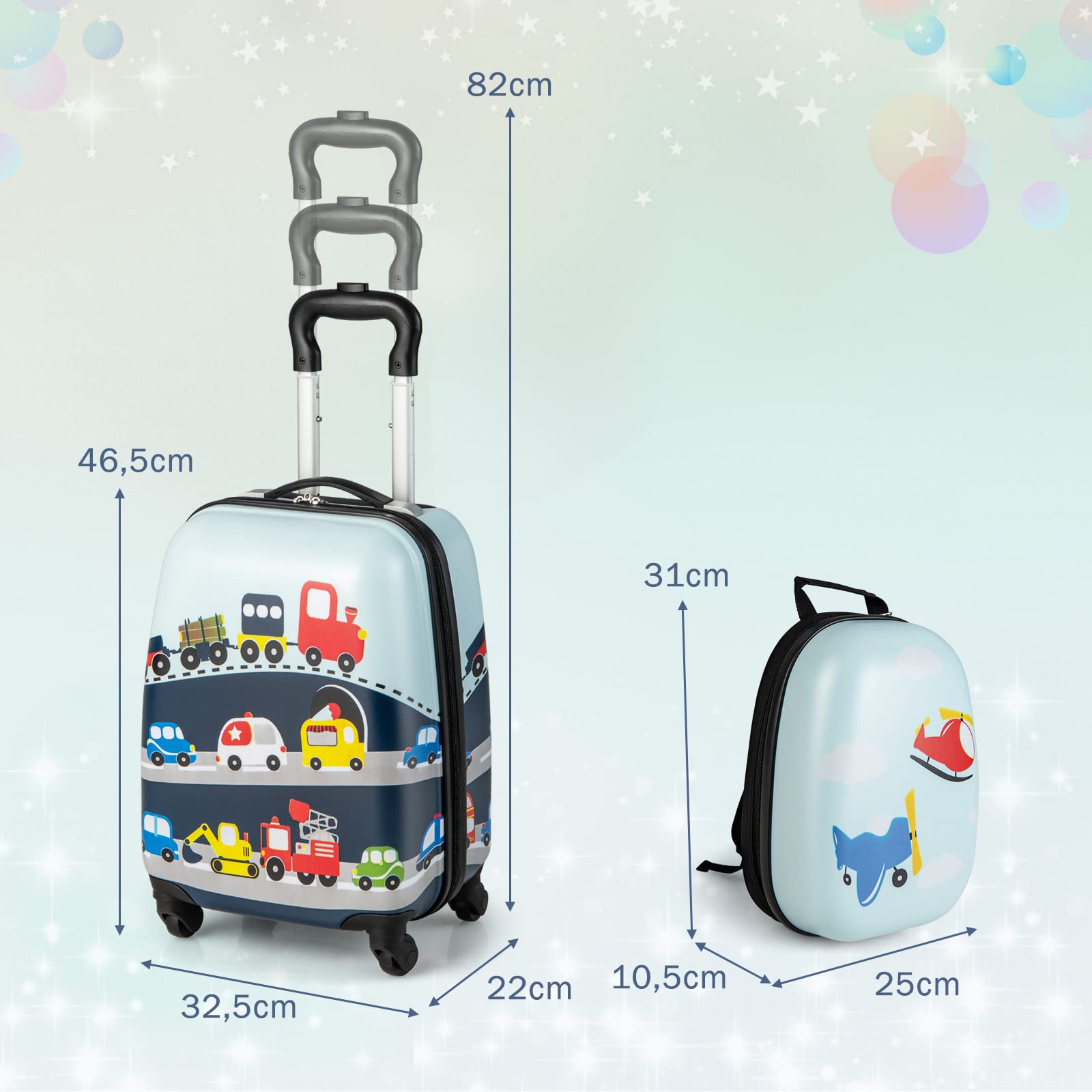 GYMAX Set di Valigia per Bambini, Trolley Bagaglio di 2 Pezzi a Mano Cavalcabile con Cinghia e Tracolla, Valigia Rigida con Ruote e Zaino, Regalo per Bambino e Bambina (12"+16", Aereo Auto)