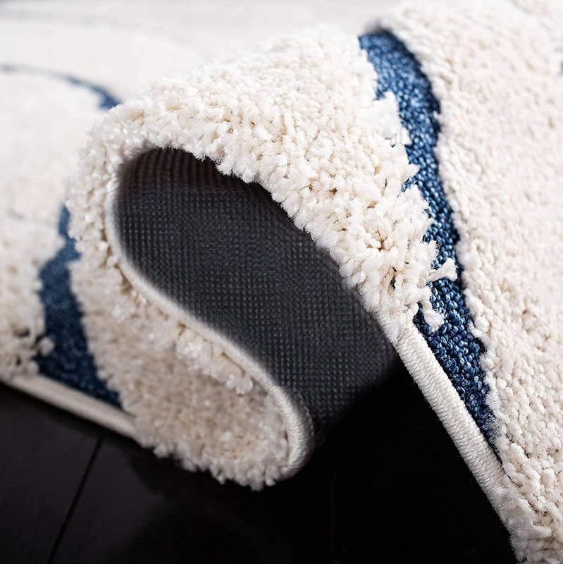 Image of Premium Soft Shaggy Runner Rug for Hallway, Bedroom & Living Room | Modern Geometric Pattern Carpet | Fluffy Bedside Floor Mat [2x6 Feet Ivory & Blue]