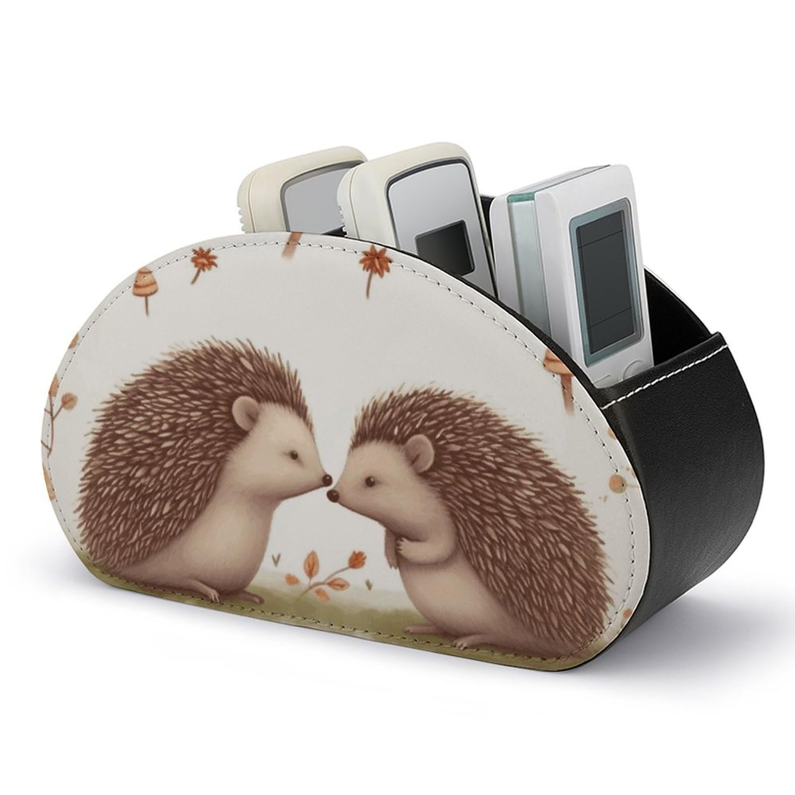 JTREHY Nature Lovely Hedgehog Lovers Remote Control Holder with 5 Compartments Pu Leather Remote Caddy Box Multi-functional Deskt Holders Organizer Box Tray Bedside Table Storage Organizer