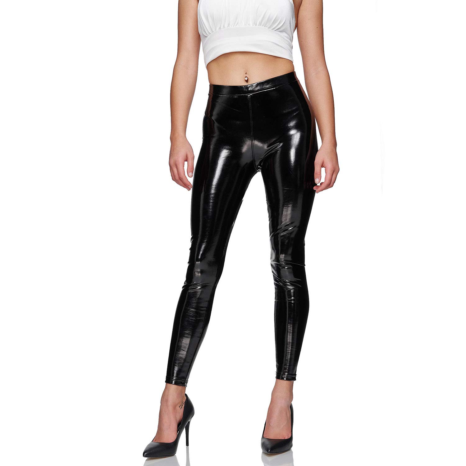 Gloop Leggings da donna a vita alta, leggings in pelle, look alto sui fianchi