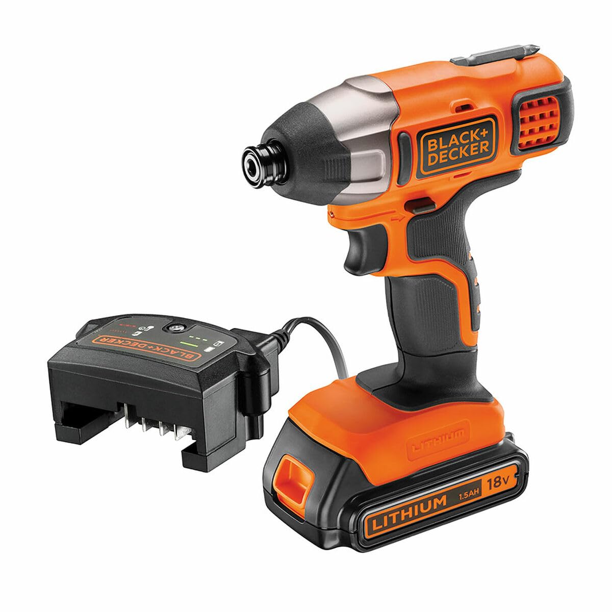 Atornillador de Impacto 18V 1/4", par máximo 155Nm, velocidad 0-3.000 rpm. Incluye 1 batería 2Ah de Litio, 8 accesorios y cargador 1A