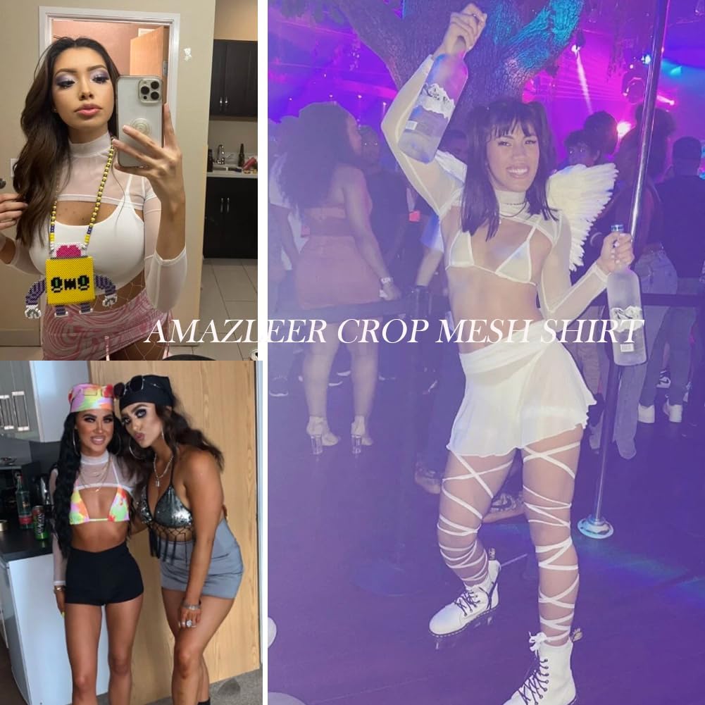 Mesh Crop Tops for Women Mock Neck Long Sleeve Crop Top See Through Shirt Top Sexy Clubwear - Image 3