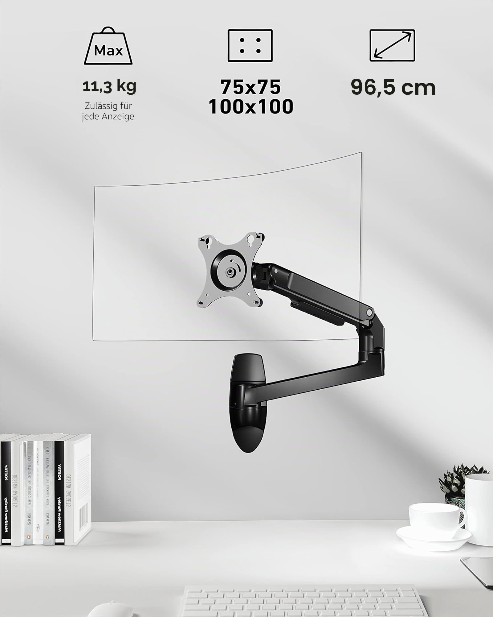Ergounion Monitor Wandhalterung für 13-38 Zoll Bildschirm bis 11 Kg, Voll Einstellbare Monitor Halterung Wand mit Höhenverstellbar, Monitor Wall Mount mit Kabelmanagement, VESA 75/100 mm, Schwarz