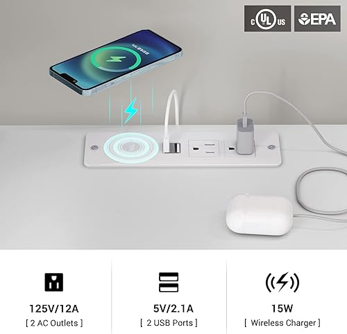 Miniatura 5 de ADORNEVE Juego de 2 mesitas de noche LED, mesita de noche con estación de carga inalámbrica y luces LED, mesita de noche blanca con estante