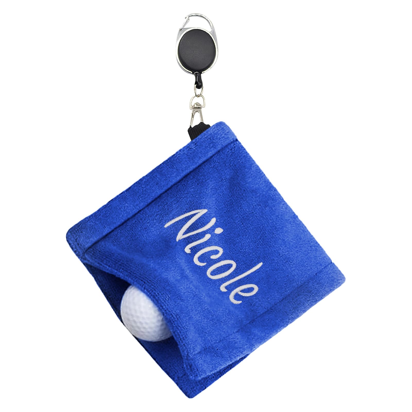 Personalized Golf Towel with Retractable Clip - Custom Embroidered Name, Ultra-Absorbent, Waterproof Wet/Dry Tech Small Golf Ball &amp; Club Cleaner for Men, Women, Ideal Golf Gift (Blue)