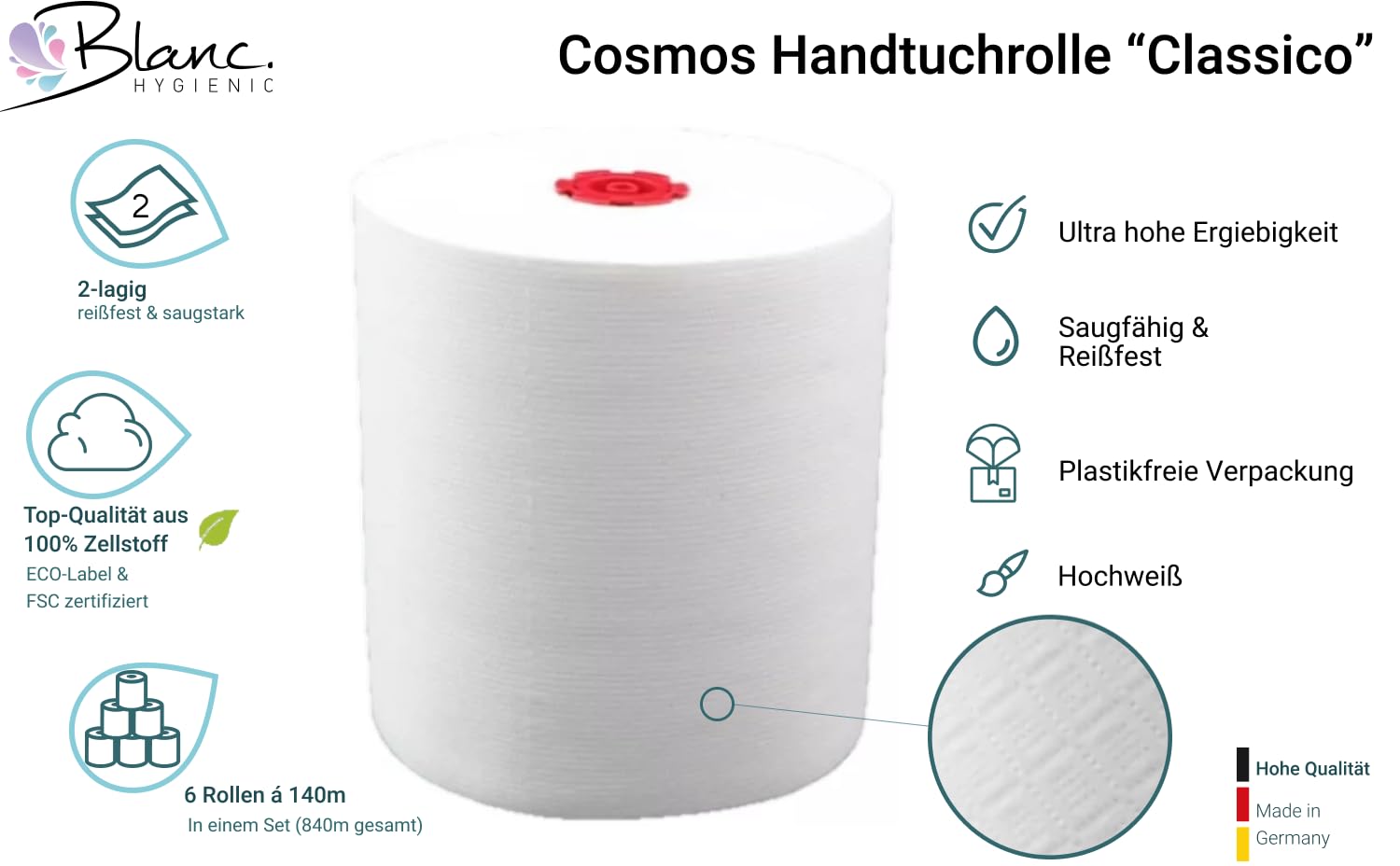 Cosmos Classico Handtuchrollen 840 m, 6 Rollen | Für Blanc Cosmos Sensor & Autocut Spender, 100 % Zellstoff, 140 m je Rolle, Adapter vormontiert