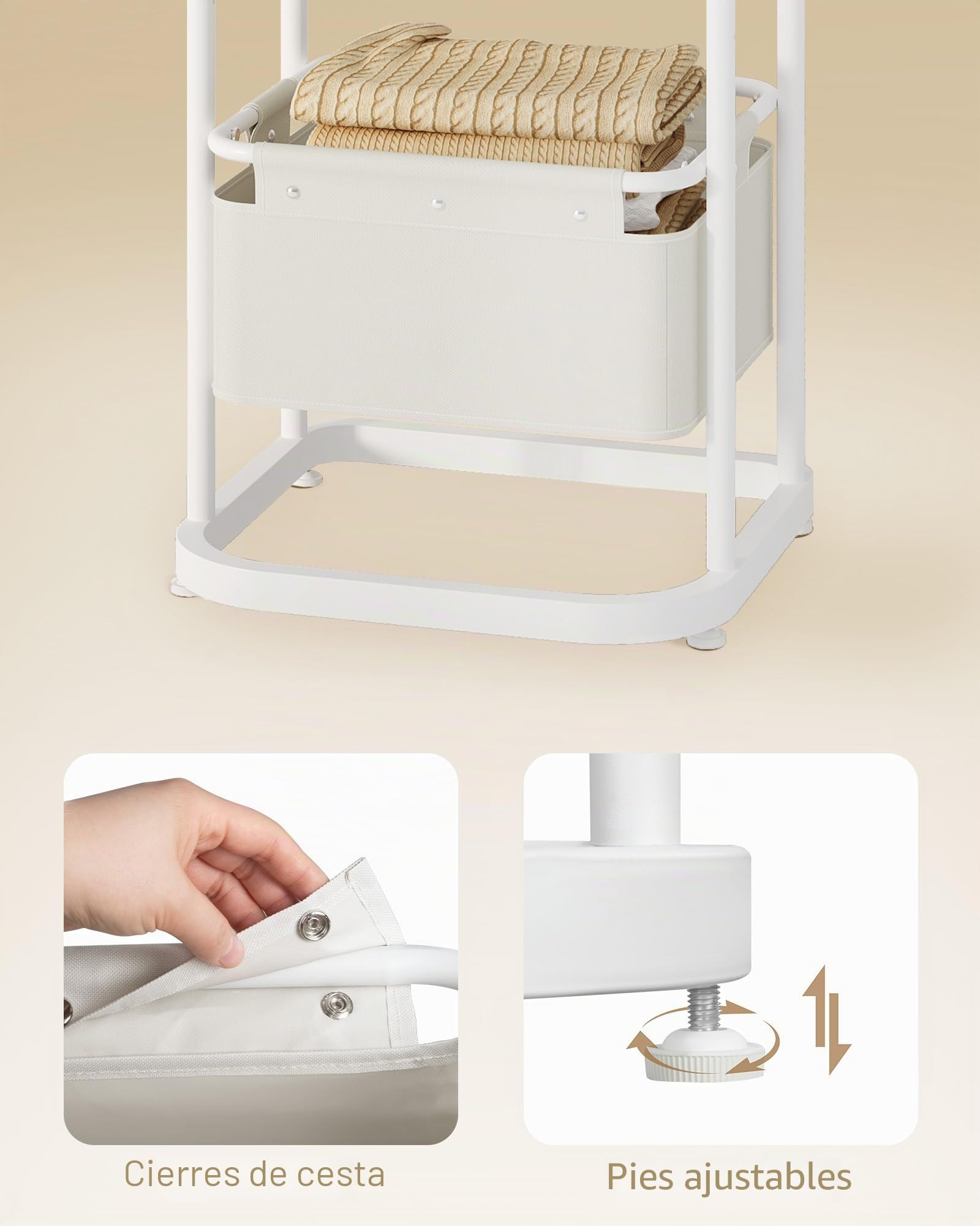Hzuaneri Perchero, perchero de pie, 40 x 44,5 x 182 cm, 3 estantes, 11 ganchos, 1 cesta, perchero entrada recibidor para bufandas, bolsas, para dormitorio, pasillo, entrada, oficina, Blanco CR34703W | Cesta de almacenamiento grande de 40 x 44,5 x 182 cm,