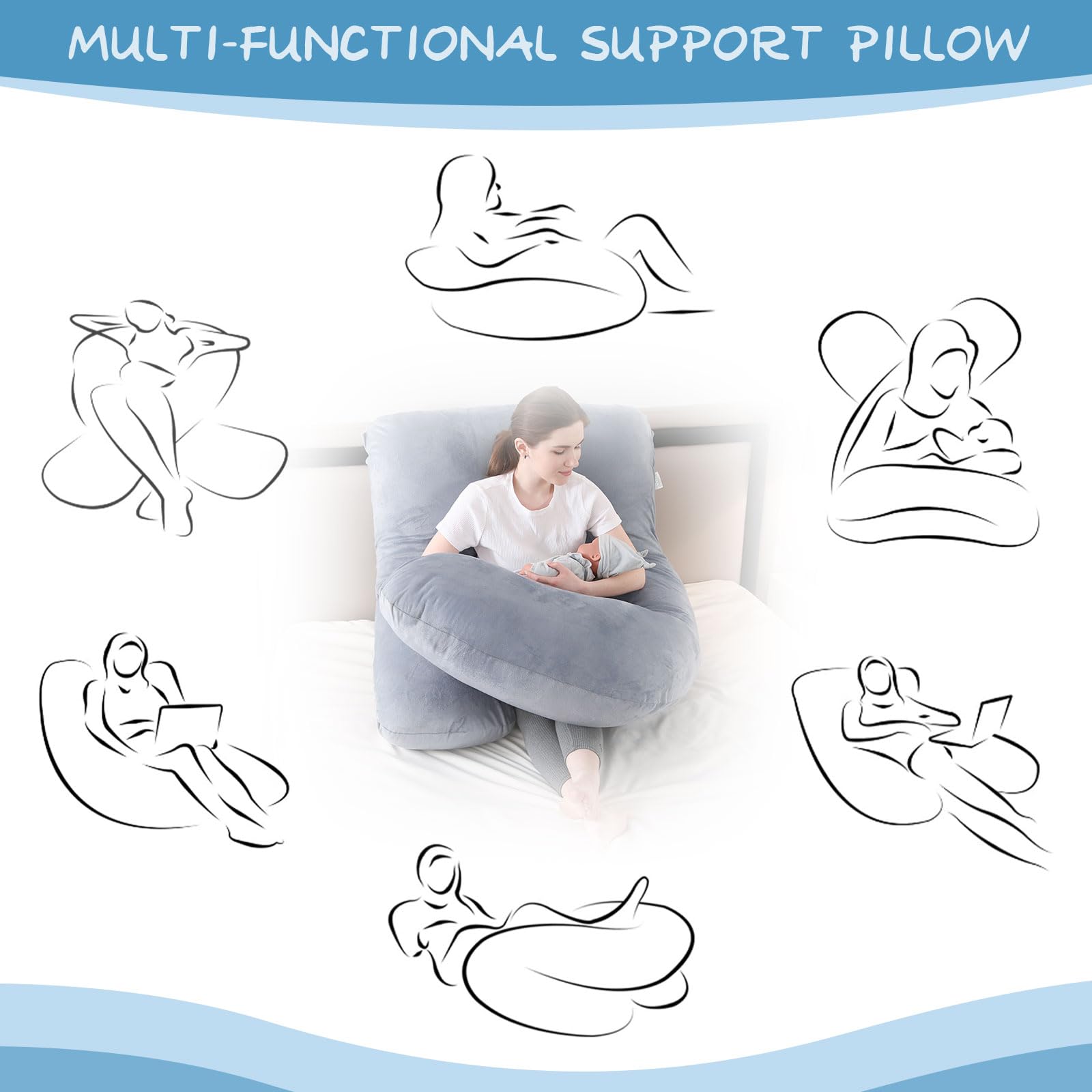 Almohada para Embarazadas, Almohada de Embarazo, Almohada de Cuerpo Completo en Forma de J, Almohada de Lactancia con Funda de Terciopelo Extraíble y Lavable,145x70 cm(Gris Claro)