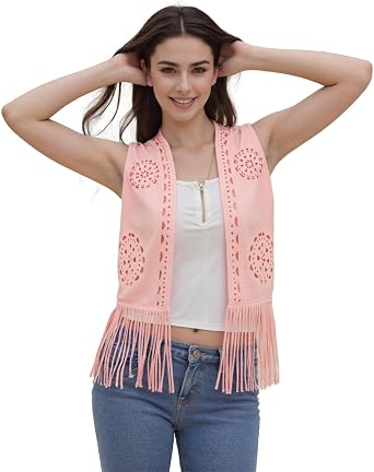 Women Fringe Vest Sleeveless 70s Hippie Faux Suede Trim Western Cowgirl Tassel Jacket Cardigan Jacket Tops Outfits