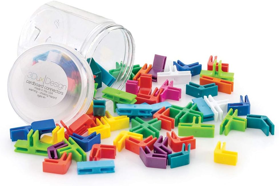 3DuxDesign Construction Set with 60 Clips That fit Cardboard- Perfect for Building and Open Ended Creative Play in Home and STEM and STEAM Learning at School, Ages 4+
