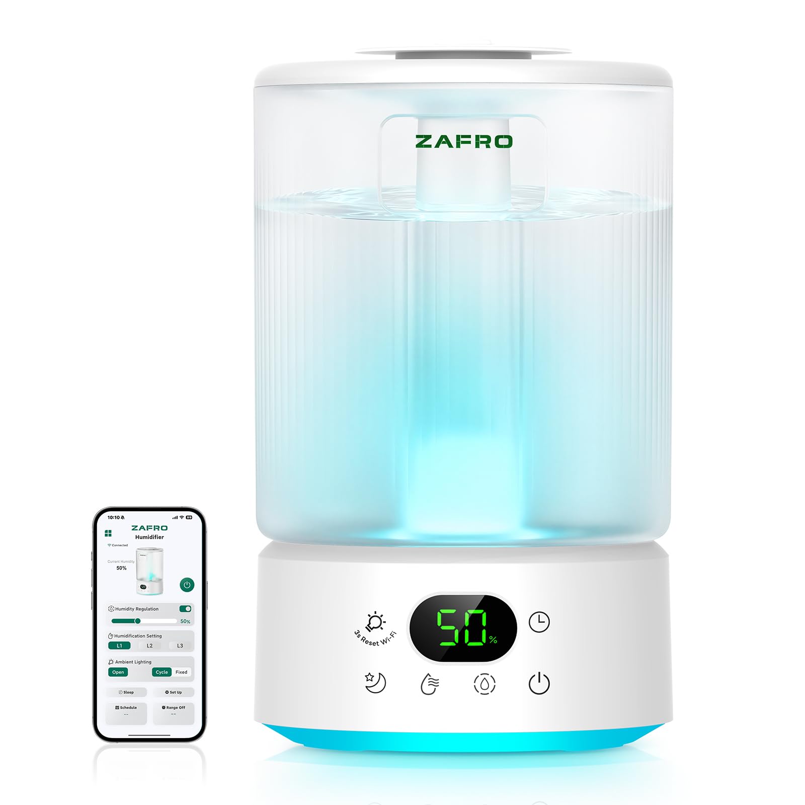 ZAFRO 4.2L Smart Humidifiers for Bedroom, 42H Runtime, 24dB Quiet, White | Top-Fill Easy Clean,LED Display,7-Color Night Light,Built-in Oil Diffuser,Cool Mist Humidifier for Large Room,Baby,Plants, 4.2L Smart White