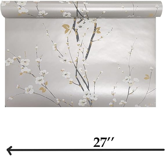 Wallpaper Monterey Silver Metallic Mist Floral Gray Trees Branches White Flowers