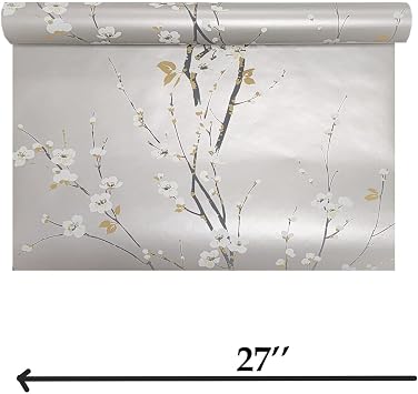 Wallpaper Monterey Silver Metallic Mist Floral Gray Trees Branches White Flowers