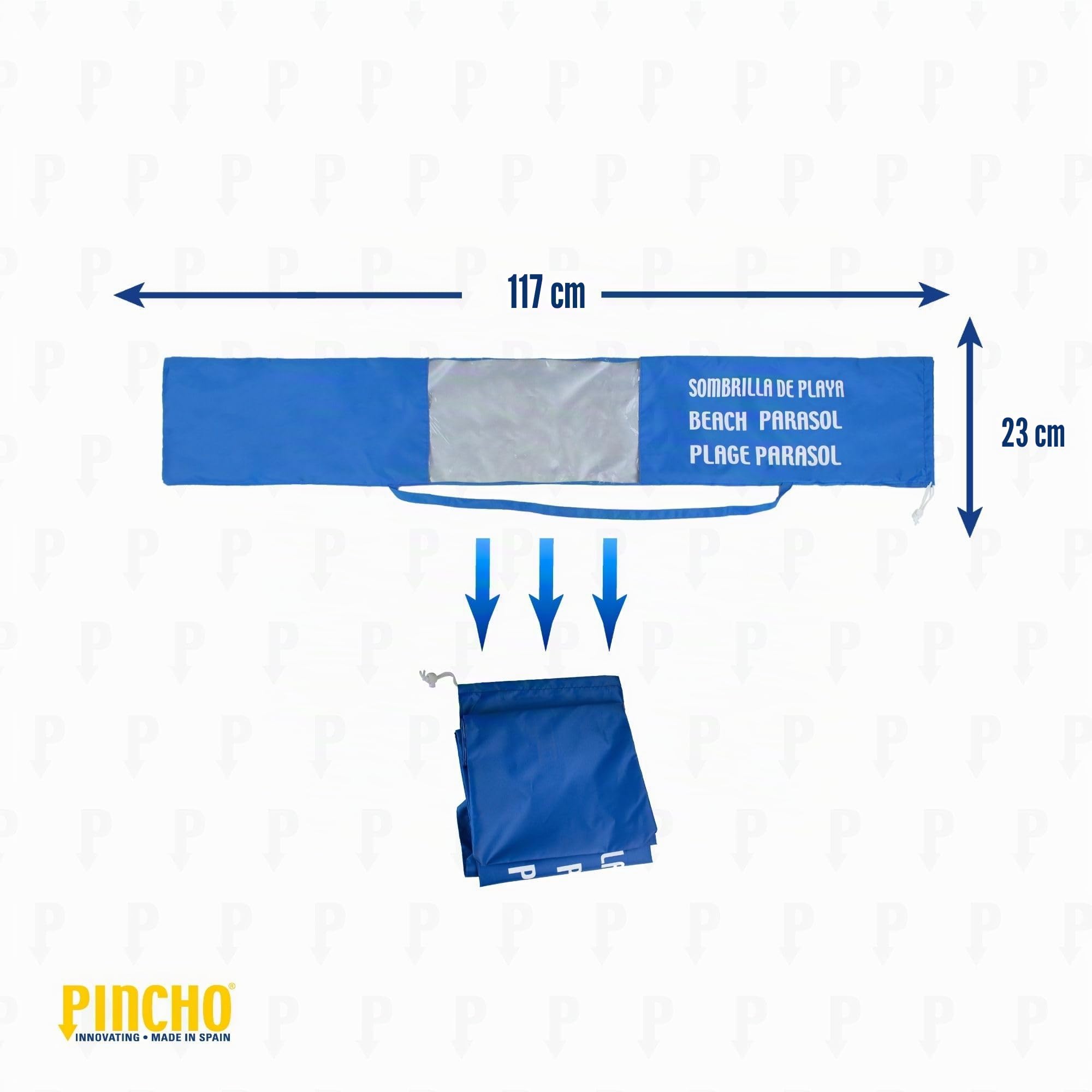 Fodero Ombrellone da Spiaggia - PINCHO - Sacca x Ombrellone, Porta Ombrellone da Spiaggia, Borsa Trasporto Resistente Impermeabile con Manico e Finestra Trasparente - Blu 117x25 cm, fino a 240 cm