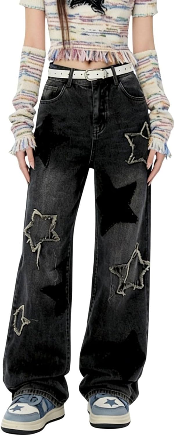 Cute Jeans for Women Girls Star Patchwork Pants High Waisted Straight Leg Jean Casual Preppy Clothes