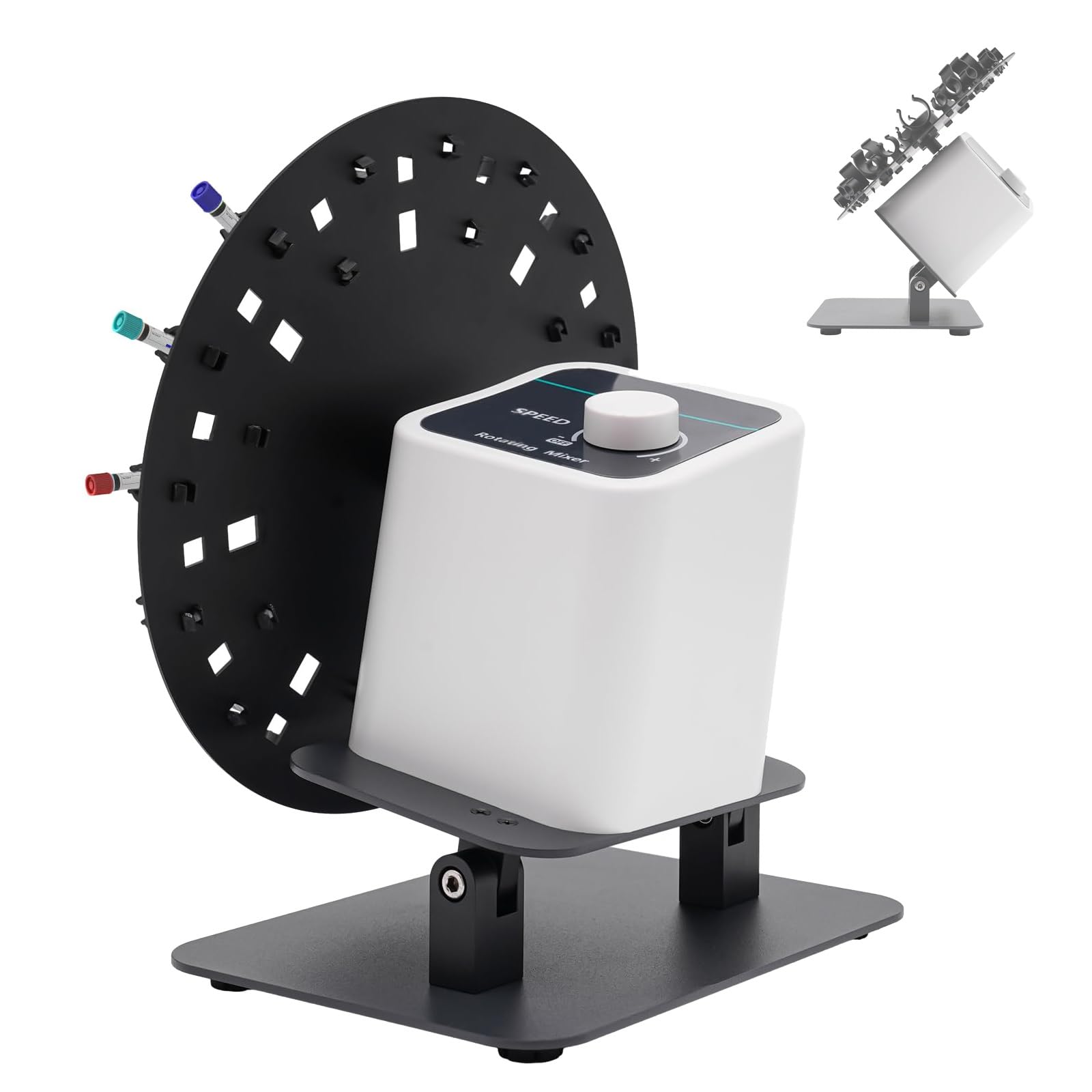 Labor-Rotationsmischer, Scheibenröhrchen-Rotationsschüttler mit Drehknopf, Drehzahl 20–80 U/min einstellbar, Tisch-Röhrchenmischer, 40°–80° Winkelverstellung, für Labortests