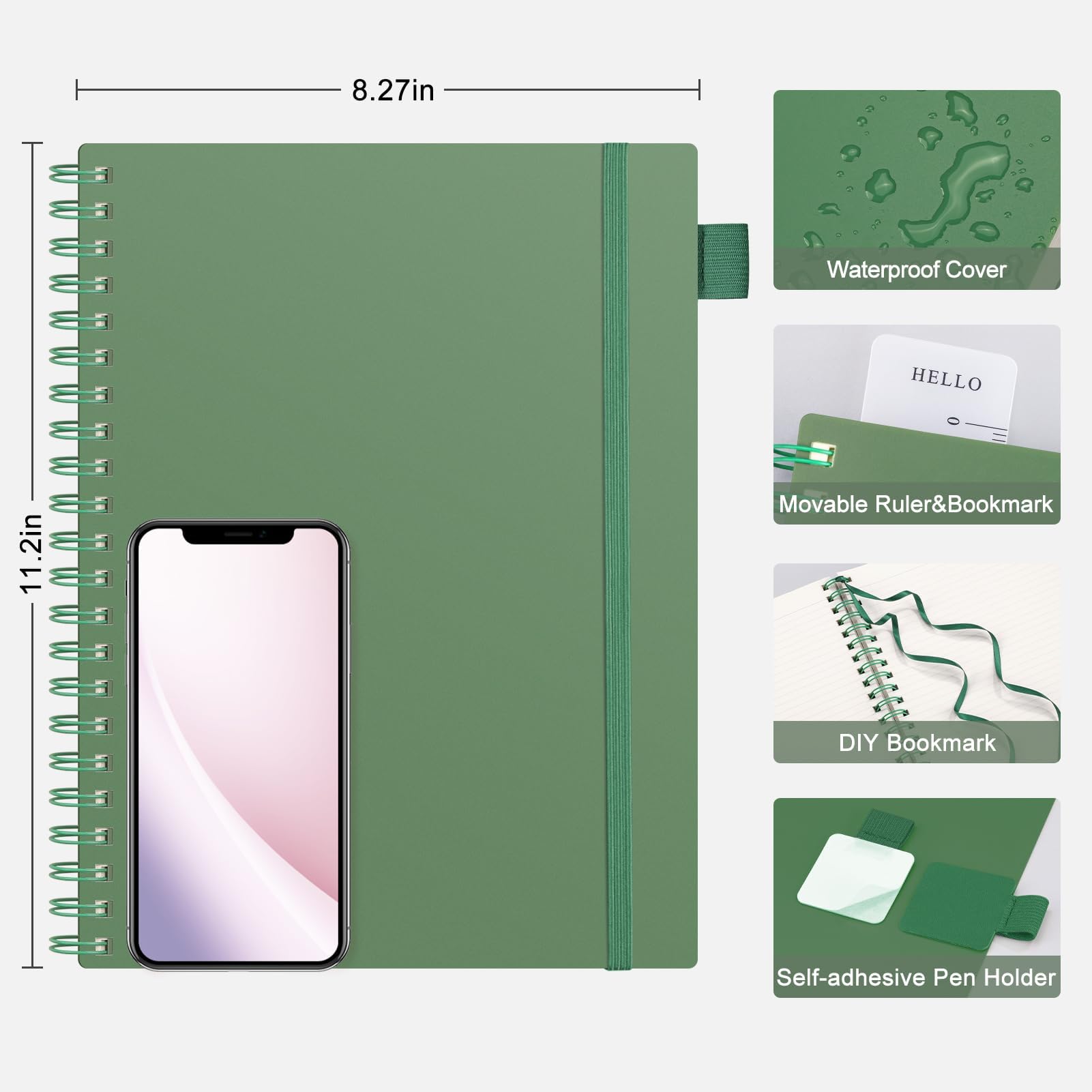 AHGXG Quaderno a spirale a righe, formato A4, 21,6 x 27,9 cm, 300 pagine perforate facili da strappare, carta spessa 100 g/m², copertina rigida in plastica, per scrivere, lavoro, scuola, verde