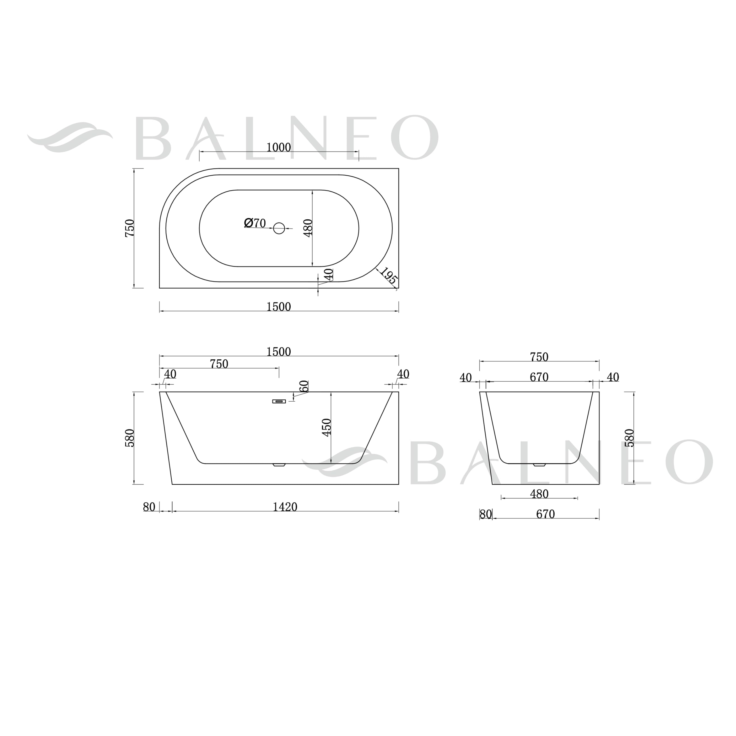 Baignoire îlot gauche 320 L - Design d’angle minimaliste avec bonde Click-Clack chromée - Baignoire d’angle îlot 170 x 80 cm, acrylique 3,5 mm pour meilleure rétention de chaleur - cadre acier