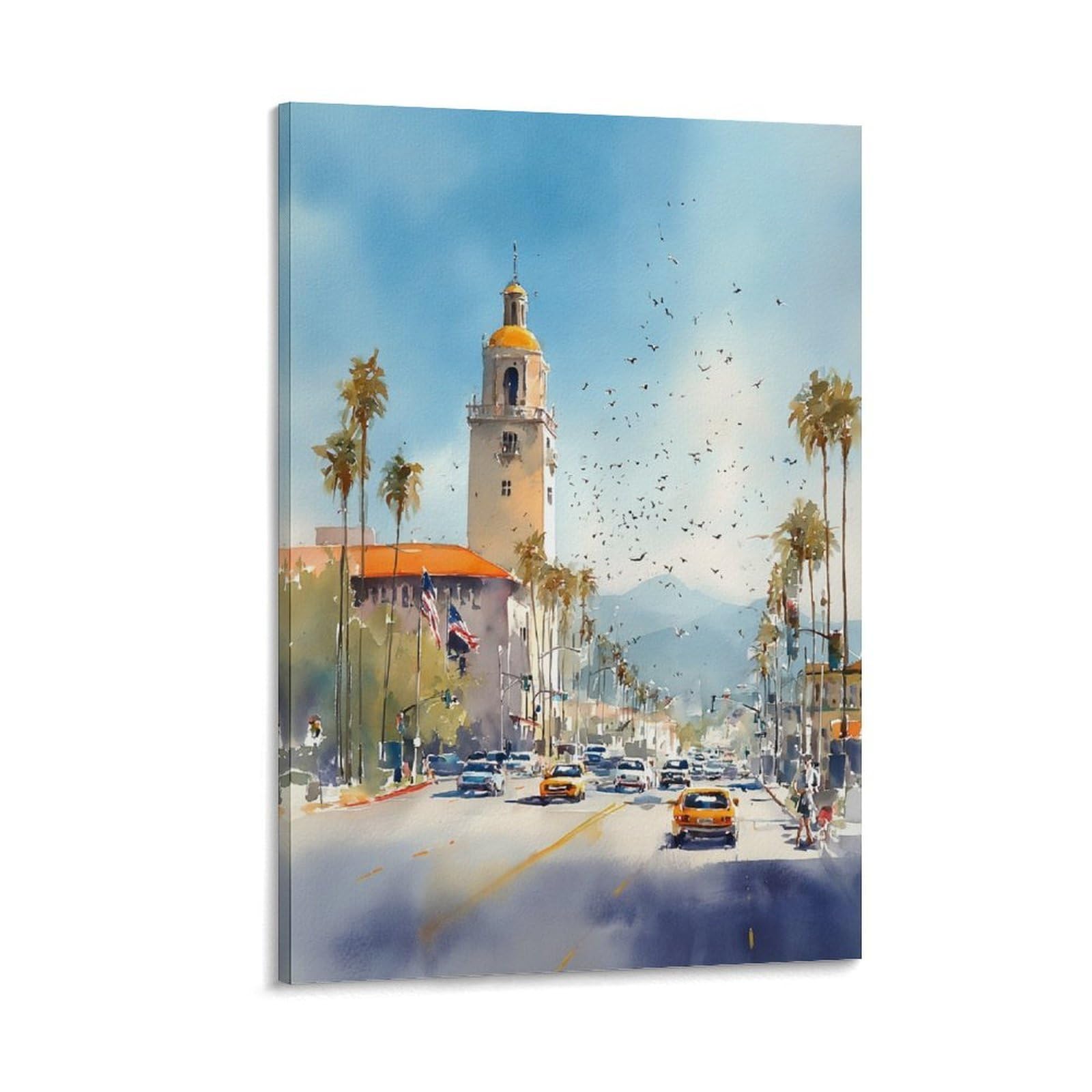 Cnaheiz Frame-Style San Diego Watercolor Print La Jolla Retro California Wall Art 24X36inch(60X90cm) Vintage Watercolor Canvas Art