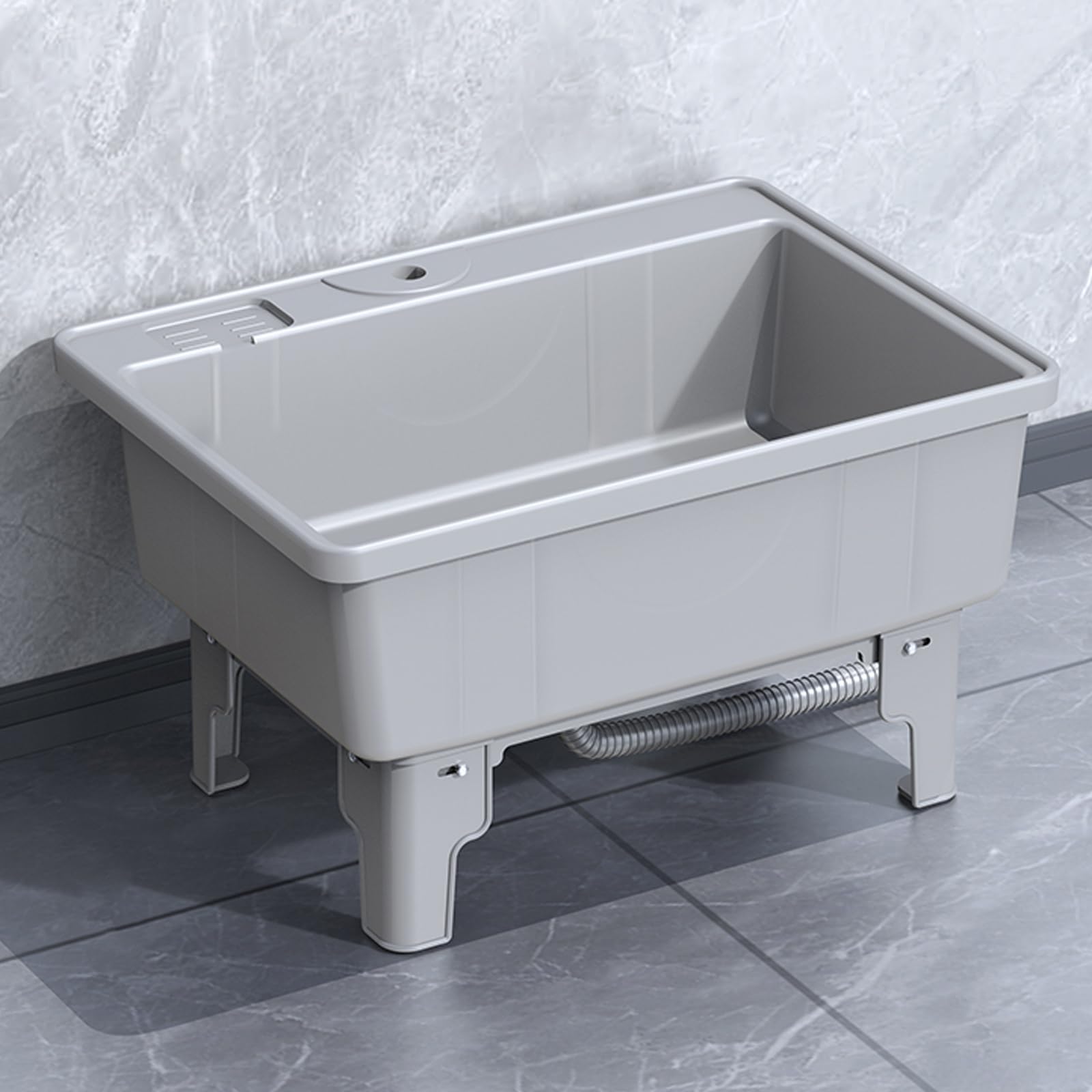 Fregadero de Plástico Independiente con Tabla de Lavar, Pila Lavadero con Desagüe, Fregadero Exterior Jardin, para Lavadero, Sótano, Garaje, Jardín(Gray,64.5x56x41cm)