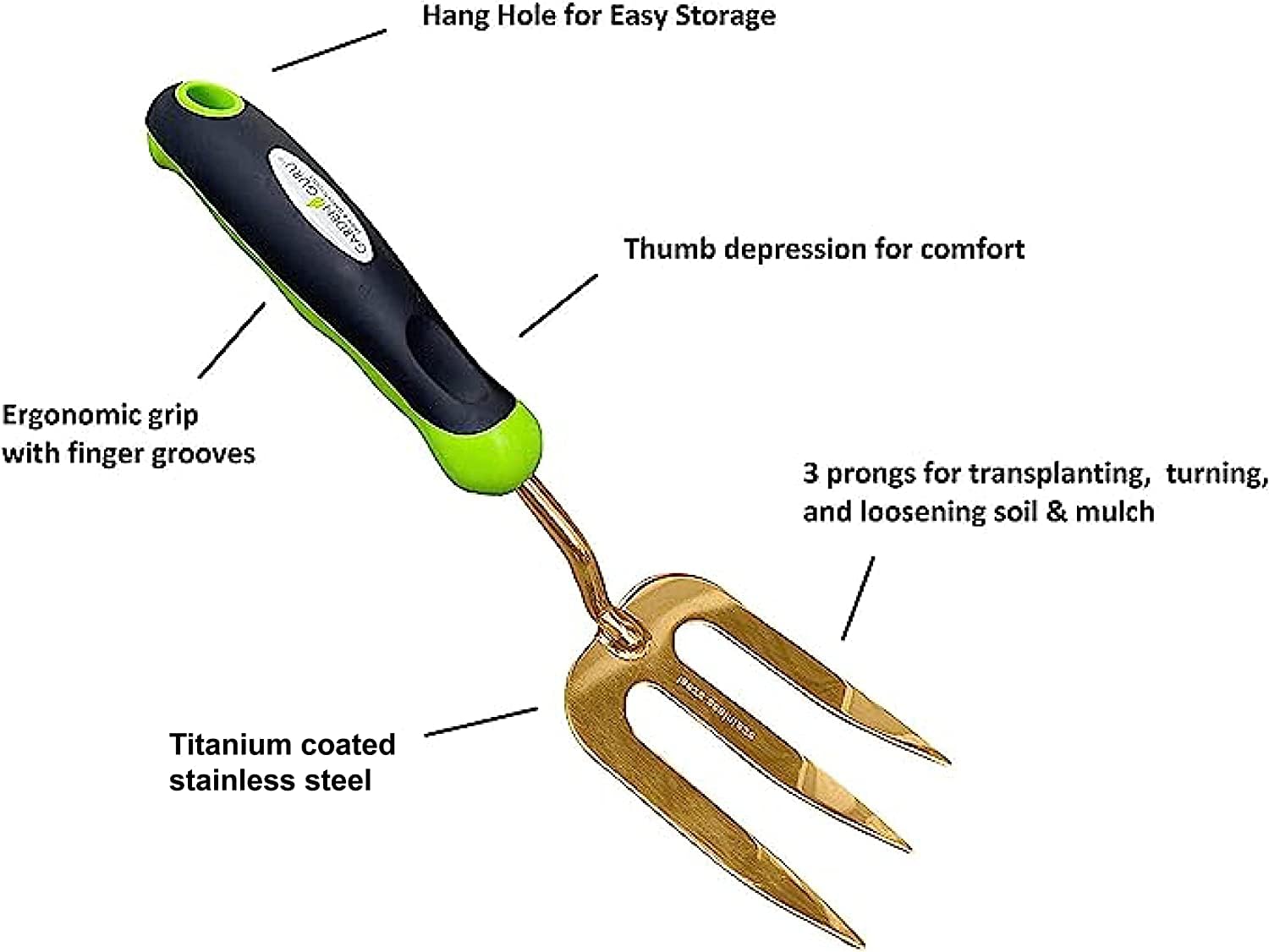 Garden Guru - Juego de herramientas de jardín de 3 piezas, cultivador de paletas de mano - Acero inoxidable recubierto de titanio resistente - Mango ergonómico de agarre cómodo - Kit de herramientas
