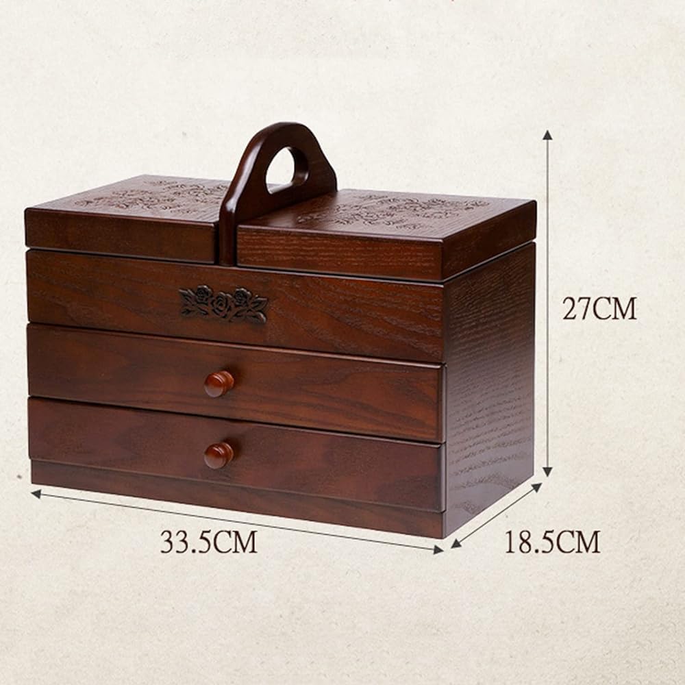Caja de costura de madera, cestas de costura grandes con 2 cajones, organizador de herramientas de costura con compartimento, fácil de llevar, para el hogar y bordado