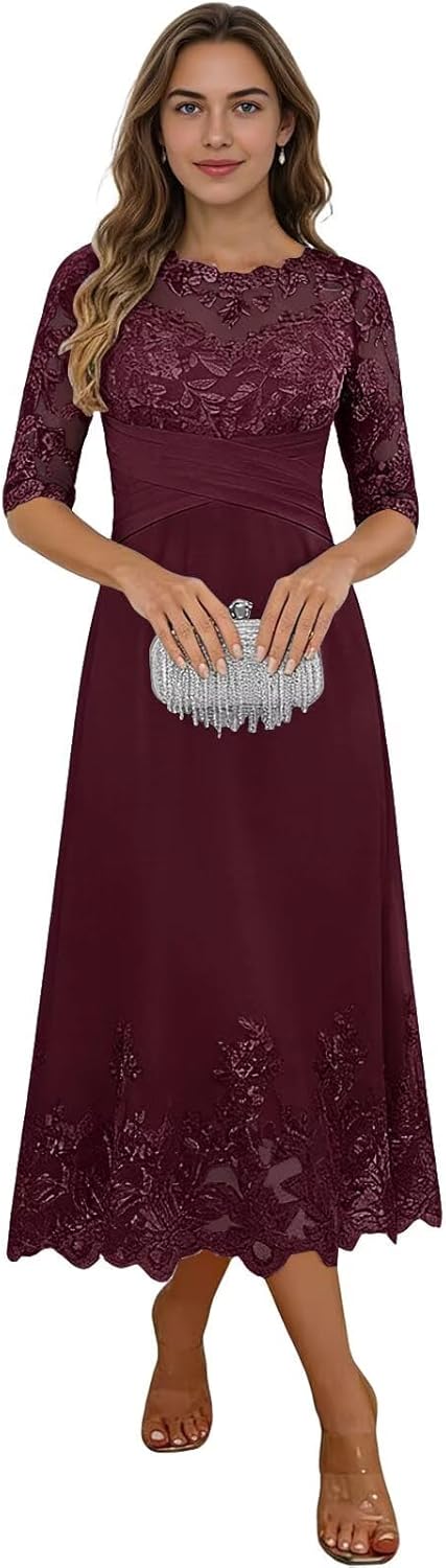 Tea Length Mother of the Bride Dresses Chiffon Evening Formal Dress for Wedding Groom Gowns Lace Appliques with Sleeves