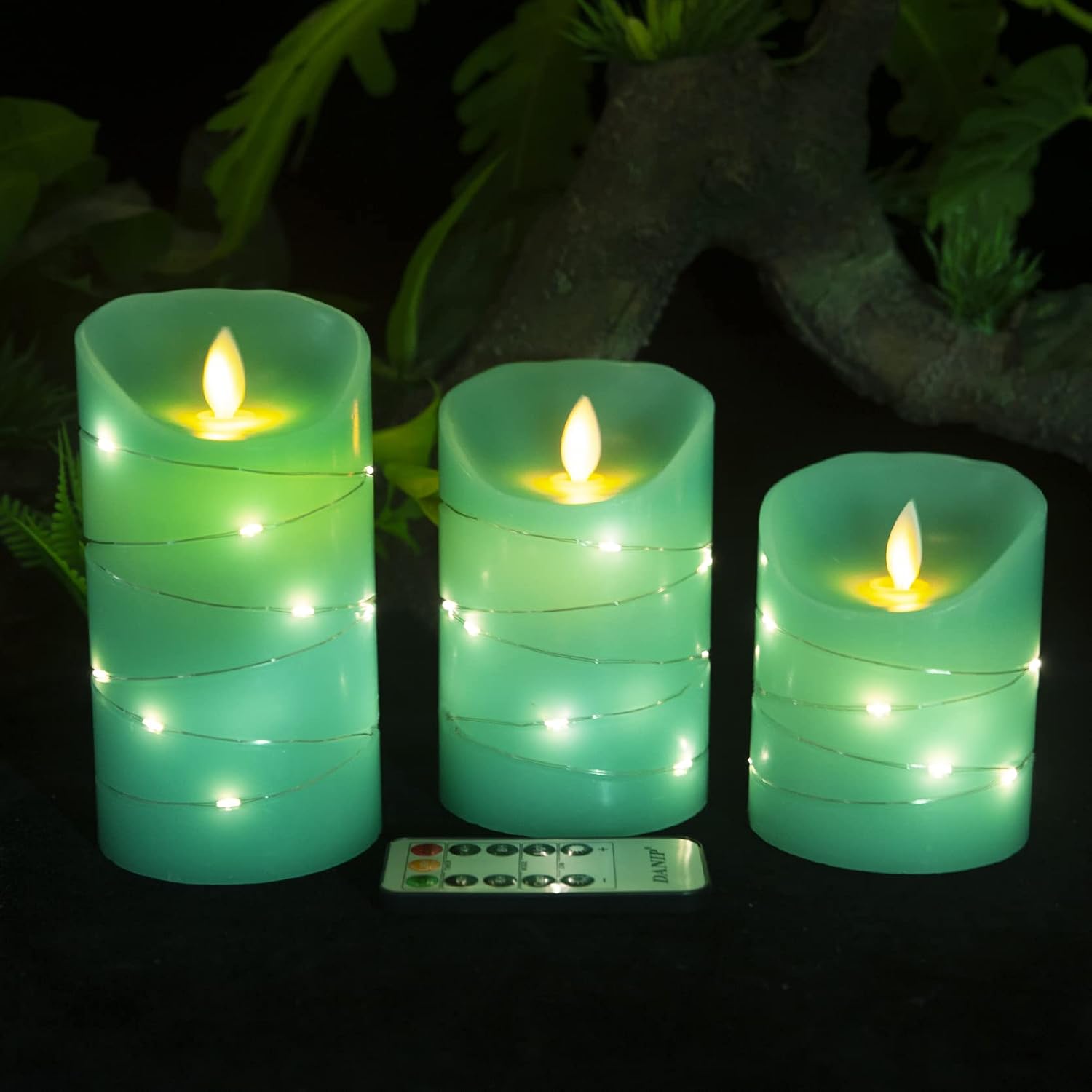 Teal Flameless Candle, Built-in Star String, 3 LED Candles, 11 Button Remote Control, 24 Hours Timer Function, Dancing Flame, Real Wax, Battery Powered. (Blue-Green) …
