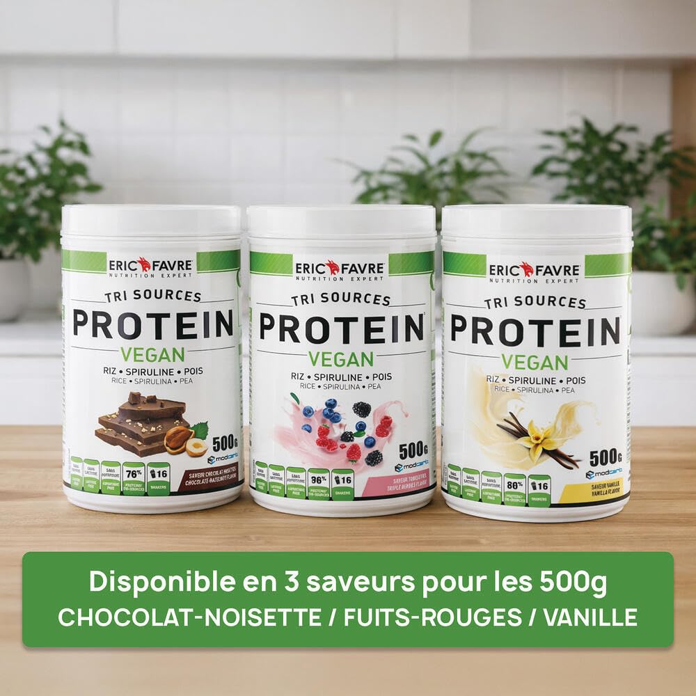 PROTEINES VEGAN TRI-SOURCE - Protéines Végétales Vegan Savoureuses Pour le Développement Musculaire - Riz Spiruline Pois - Assimilable Rapidement - 1,5kg - Saveur Vanille - Eric Favre