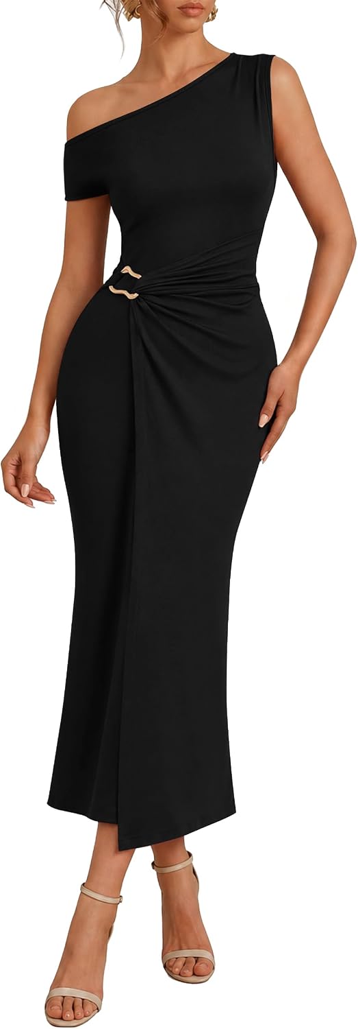 Simplee Womens Summer One Shoulder Maxi Dress 2026 Wedding Guest Elegant Formal Ruched Cocktail Party Long Dresses
