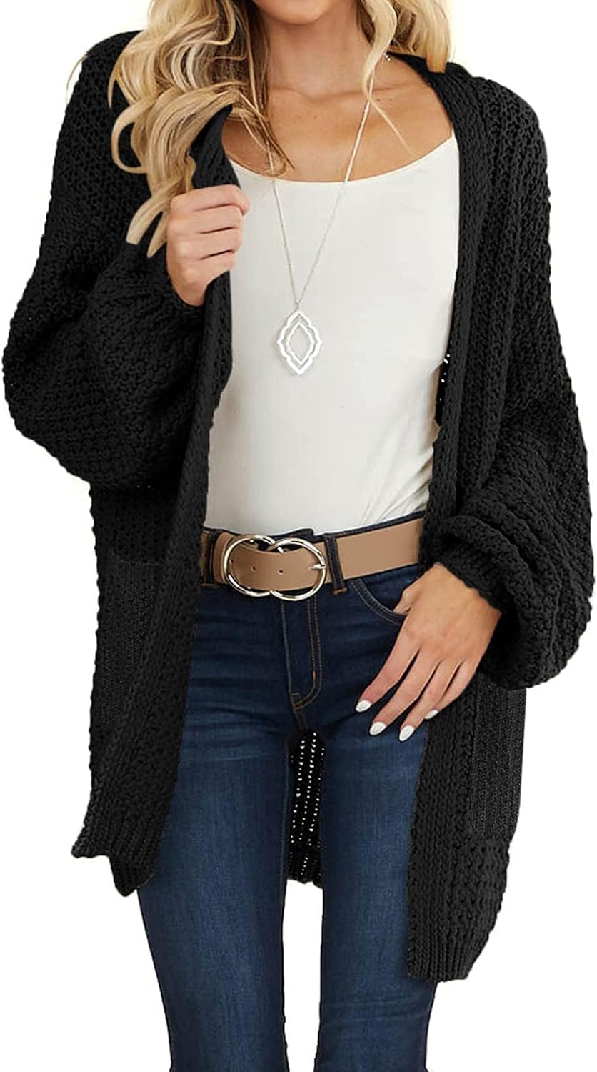MEROKEETY Women's 2025 Fall Open Front Chunky Knit Sweater Oversized Lantern Sleeve Cardigan Outwear - Image 6