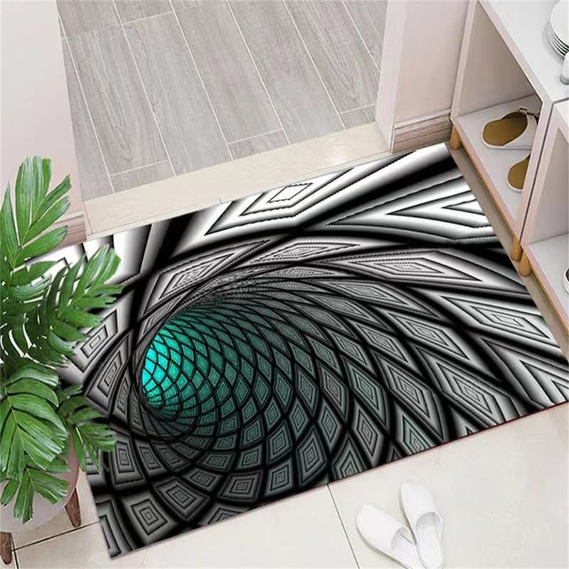 famesale Three-Dimensional Checkered 3D Optical Illusion Carpet Black White Plaid Swirl Mat Vortex Bottomless Hole Mat Visual Carpet Area Rugs