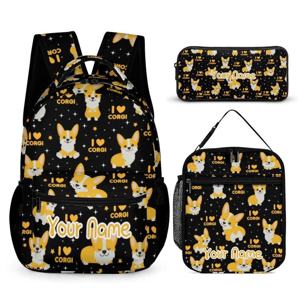 CaomeiWu Custom Corgi Dog Backpack with Lunch Box & Pencil Case for Kids Girls Boys School, 16 Inch Cute Corgi Dogs Bookbag, School Backpack for